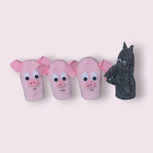 Three Little Pigs & Wolf Finger Puppet Set – Handmade from Fabric Scraps – Eco-Friendly Storytelling Toy