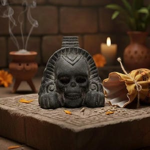 以下が含まれることがあります： 精巧な彫刻が施された、暗い灰色の頭蓋骨型の香炉が石の表面に置かれています。 黄色とオレンジ色の模様の小さなポーチが近くにあります。 ろうそくの灯りと、お香の煙が立ち上る小さなテラコッタのポットが雰囲気を醸し出しています。