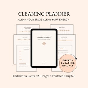 Puede incluir: Un planificador de limpieza digital en la pantalla de una tableta con varios diseños de página visibles al fondo. El texto dice CLEANING PLANNER, CLEAN YOUR SPACE. CLEAR YOUR ENERGY y ENERGY CLEARING RITUALS. Editable en Canva con 23+ páginas.