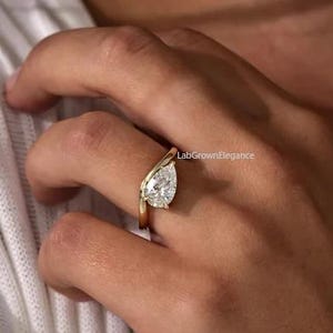 Pear Shaped Diamond Engagement Ring in Bypass Setting, 1 to 2 CT IGI Certified Lab Grown Diamond, Tear Drop Shape Ring for Women Bridal Ring