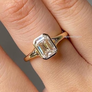 Emerald Cut Diamond Engagement Ring in Bezel Setting, 1 to 3 CT Lab Grown Diamond Solitaire Ring, Wedding Ring for Women, Anniversary Gifts