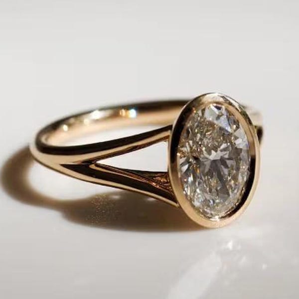 Oval Engagement Ring, 14K Yellow Gold, Lab Grown Bezel Set, Split Shank, Wedding & Proposal Ring, Bridal Jewelry, Anniversary Gift for Her.