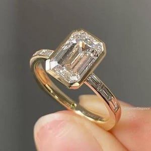 Engagement Ring with Emerald Cut Lab Grown Diamond, Side Baguette Diamond , IGI Certified, Promise Gifts Ring, Handmade by LabGrownElegance"