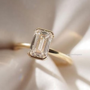 14k Yellow Gold Ring Solitaire, 2.0 CT Emerald Cut Lab Grown Diamond Ring, Half Bezel Set, Diamond Women Wedding, Anniversary Gift For Her,