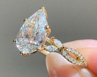 Pear Cut Lab Grown Diamond Engagement Ring, Curved Band With Pave Diamond Setting, E-F/VVS Lab Grown Diamond Ring, Yellow/White/Rose Gold