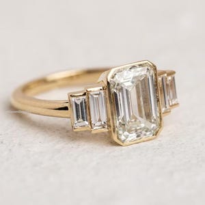 Emerald Cut Diamond Engagement Ring with Side Stone Baguette Diamonds, IGI certified Lab Grown Diamond 1 to 3 CT, Vintage Style Wedding Ring