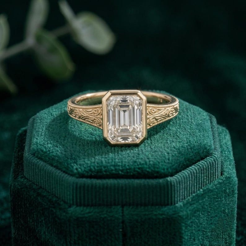 3 CT Emerald Cut Lab Grown Diamond Engagement Ring, 14K Yellow Gold ...