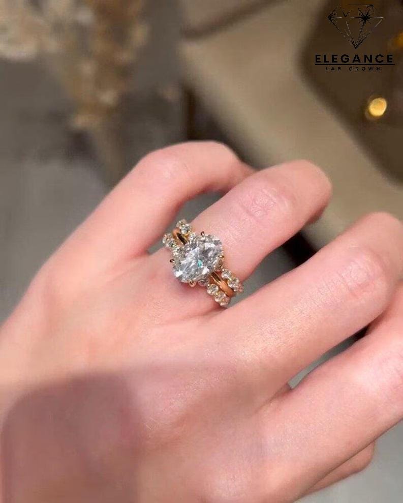 3 CT Oval Cut Lab Grown Diamond Engagement Ring Set | 14k Yellow Gold ...