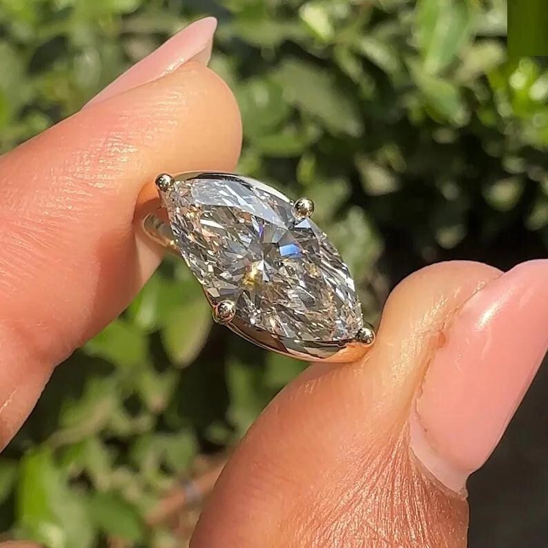 Marquise Cut Lab Grown Diamond Engagement Ring | 14K Yellow Gold East ...
