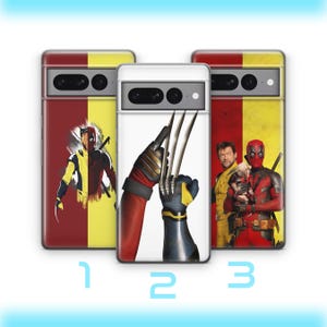 May include: Three phone cases with different designs. The first case features a red and yellow background with a superhero character in the center. The second case features a white background with a superhero character's hand with claws. The third case features a red and yellow background with two superhero characters.