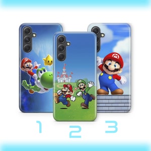 May include: Three different phone cases featuring characters from the Super Mario Bros. video game franchise. The first case features Mario and Luigi in a space-themed design. The second case features Mario and Luigi in a green field with a castle in the background. The third case features Mario in a blue and red outfit standing on a brick wall.