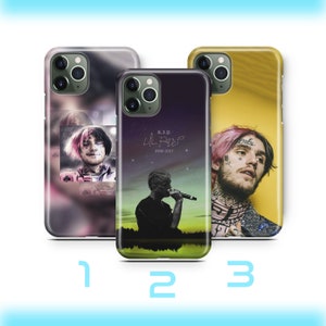 May include: Three different phone cases featuring images of Lil Peep. The first case has a collage of images of Lil Peep. The second case has a silhouette of Lil Peep singing with the text "R.I.P. Lil Peep 1996-2017". The third case has a close-up image of Lil Peep with pink hair.
