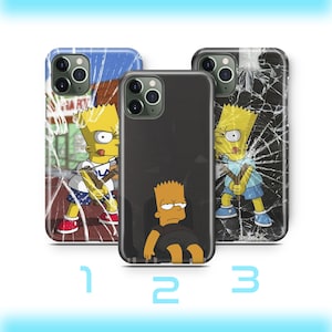 Może przedstawiać: Trzy etui na iPhone'a z wzorem pękniętego ekranu. Każde etui przedstawia inny obraz Bart'a Simpsona z serialu Simpsonowie. Pierwsze etui przedstawia Bart'a trzymającego procek, drugie etui przedstawia Bart'a siedzącego, a trzecie etui przedstawia Bart'a trzymającego procek.