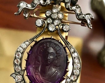 High Relief Georgian Amethyst Cameo Diamond Brooch