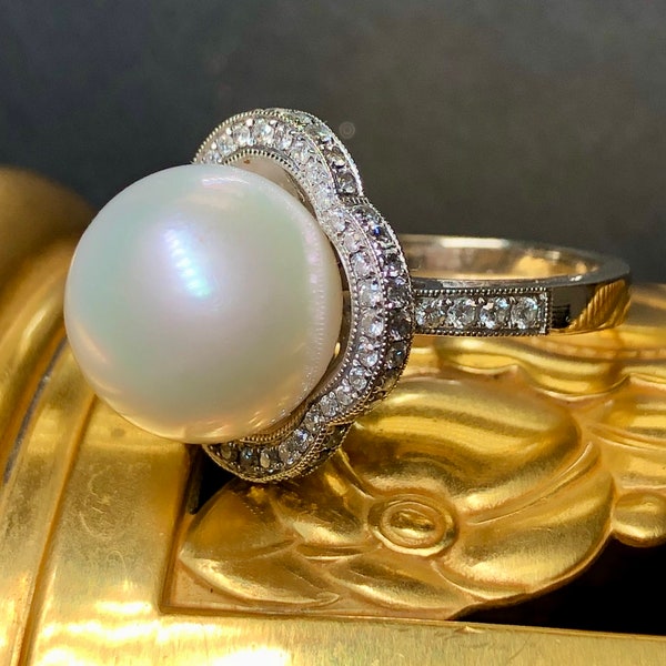 Estate 18K South Sea Pearl Diamond Cocktail Ring 13.4mm Sz 7