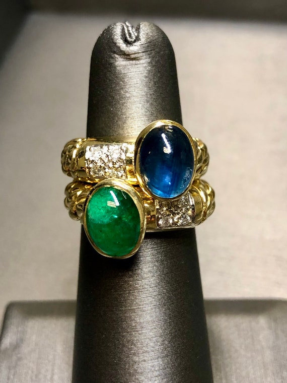 Estate CASSIS 18K Cabochon Sapphire Emeralds Diamo