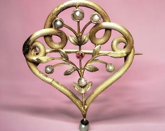 Antique 18K Art Nouveau Enamel Ruby Seed Pearl Pin Brooch