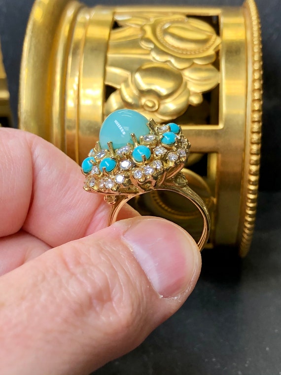 Vintage Octagonal 18K Cabochon Turquoise Diamond … - image 4