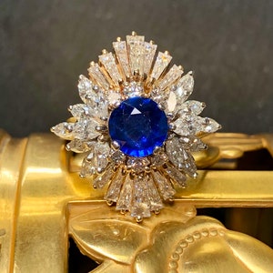 Estate Platinum 18K Ceylon Sapphire Baguette Marquise Diamond Cocktail Ring GIA zdjęcie 1