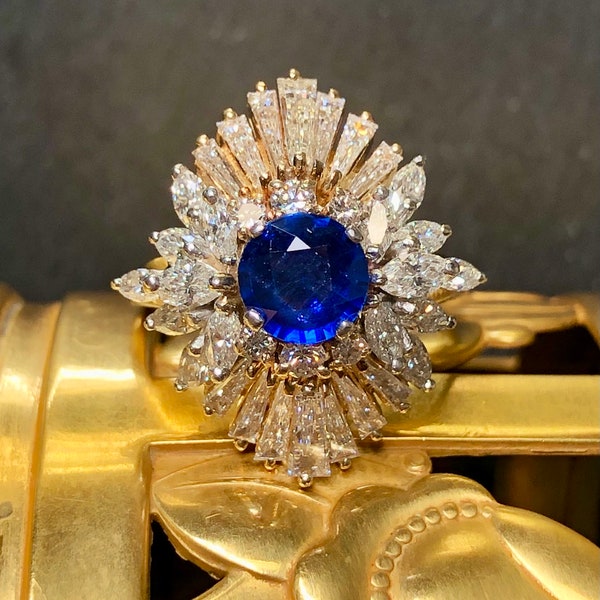 Estate Platinum 18K Ceylon Sapphire Baguette Marquise Diamond Cocktail Ring GIA