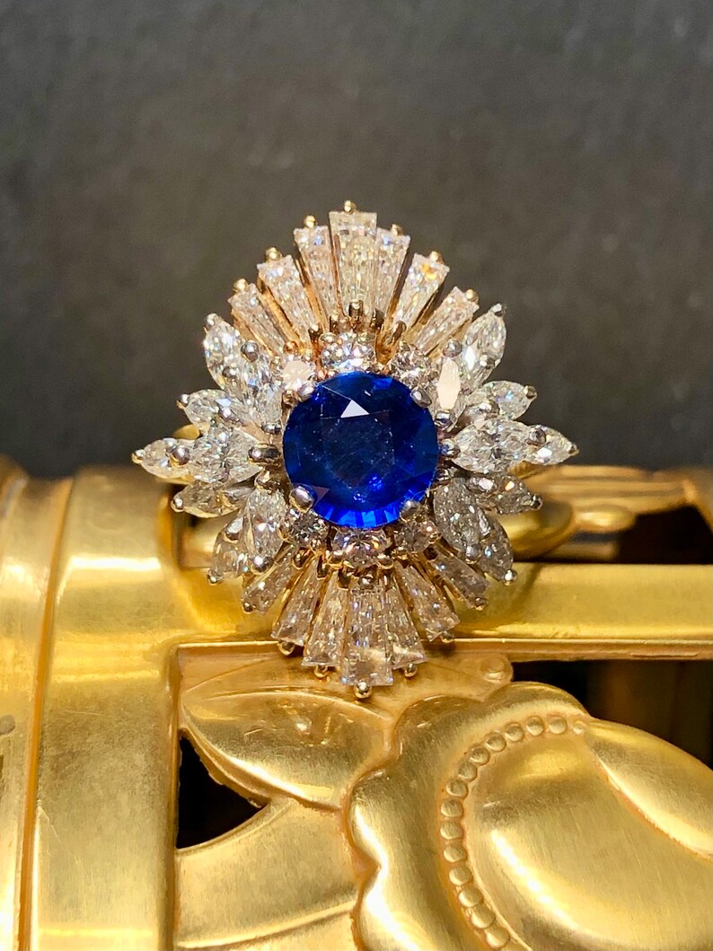 Estate Platinum 18K Ceylon Sapphire Baguette Marquise Diamond Cocktail Ring GIA zdjęcie 1