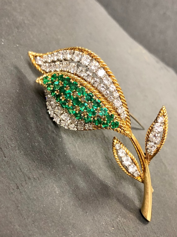 18K Platinum Diamond Emerald Tulip Brooch - image 1