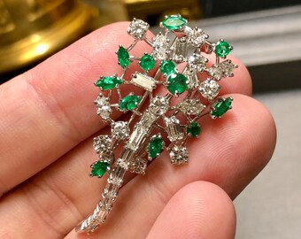 Vintage Platinum Fancy Diamond Emerald Spray Brooch Pin 5.80 Vintage Platinum Fancy Diamond Emerald Spray Brooch Pin 5.80
