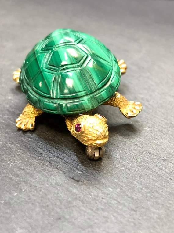 18K Malachite Ruby Turtle Pin - image 2