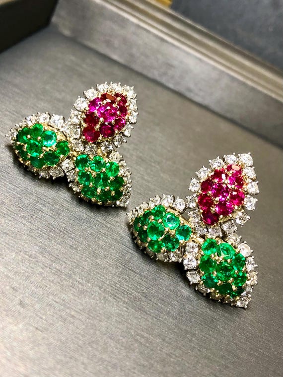 Platinum 18K Ruby Emerald Diamond Leaf Earrings - image 4