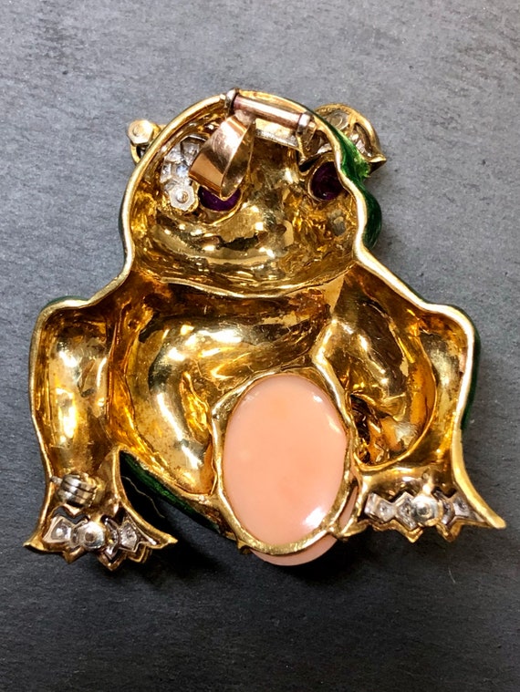 Vintage 18K Green Enamel Coral Cabochon Ruby Diam… - image 4