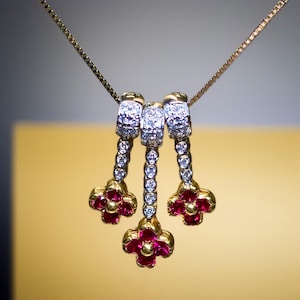 エステート 18K プラチナ トリプルセクション ルビー ダイヤモンド ペンダントネックレス 1.66カラット 17.50インチ