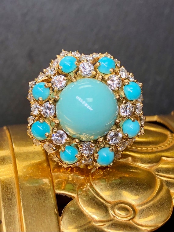 Vintage Octagonal 18K Cabochon Turquoise Diamond … - image 1