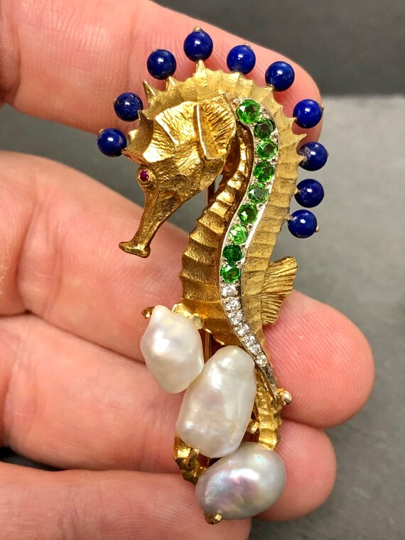 18K Lapis Tsavorite Garnet Diamond Pearl Seahorse… - image 5