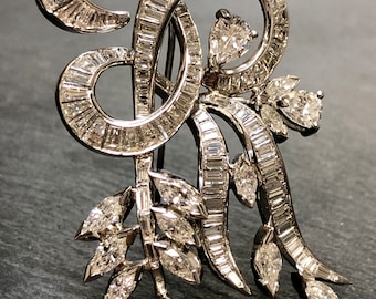 Vintage Platinum Diamond Baguette Marquise Pear Diamond Brooch