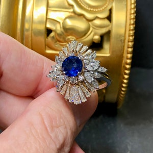 Estate Platinum 18K Ceylon Sapphire Baguette Marquise Diamond Cocktail Ring GIA zdjęcie 4