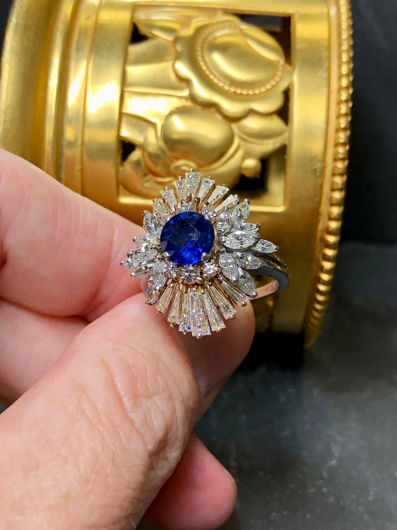 Estate Platinum 18K Ceylon Sapphire Baguette Marquise Diamond Cocktail Ring GIA zdjęcie 4