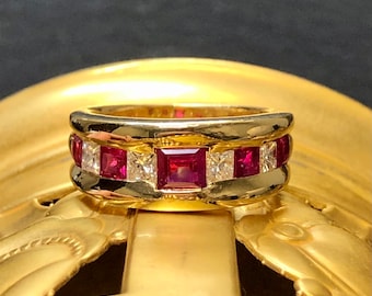 18K Burmese Ruby Princess Cut Diamond Band