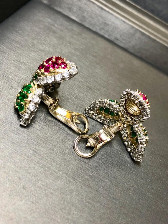 Platinum 18K Ruby Emerald Diamond Leaf Earrings - image 5