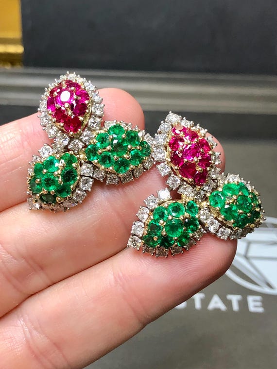 Platinum 18K Ruby Emerald Diamond Leaf Earrings - image 8
