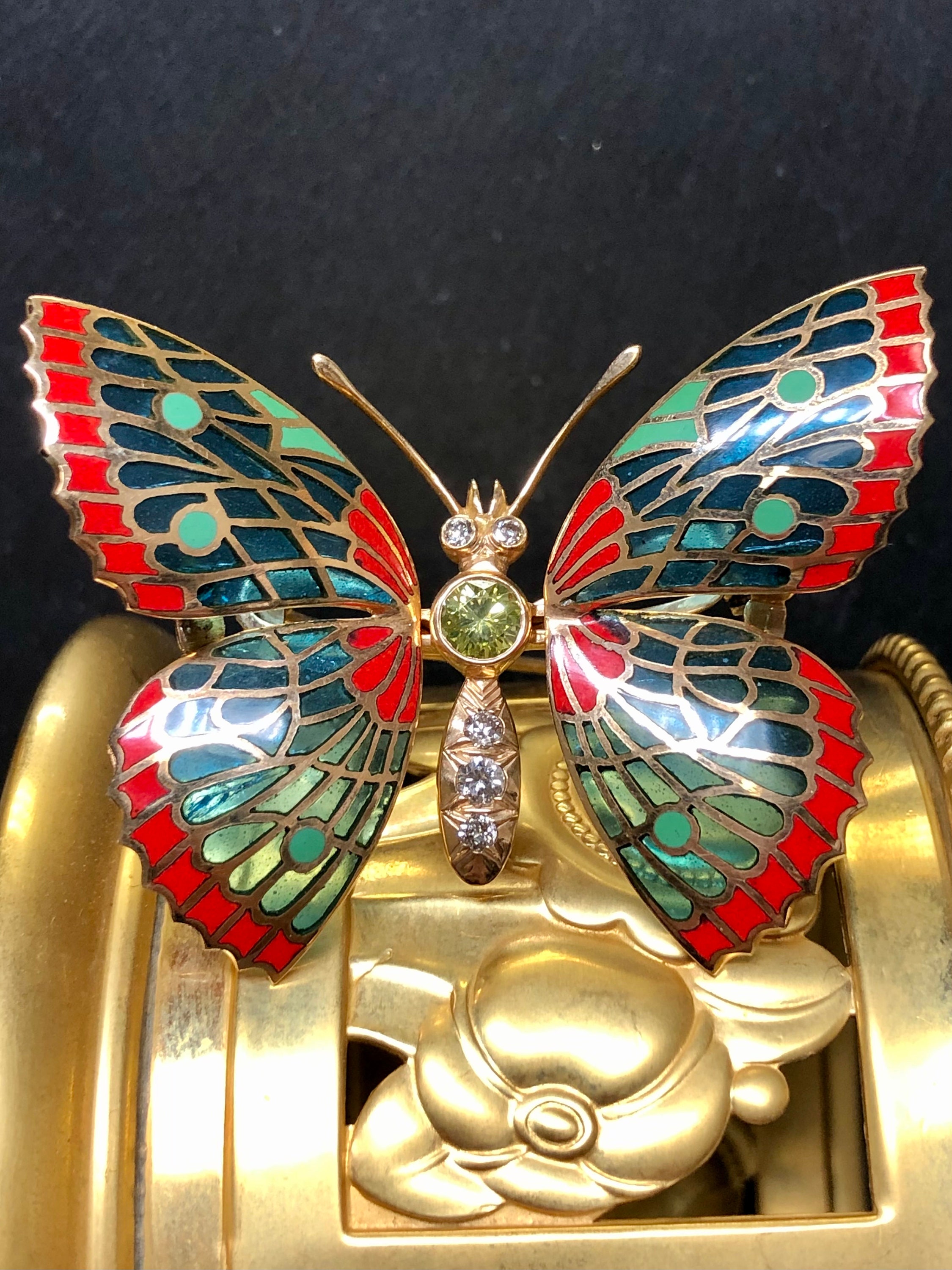 Vintage 18K Diamond En Tremblant Plique A Jour Enamel Butterfly Brooch