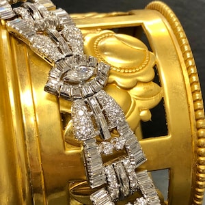 Vintage 1950’s Platinum Wide Marquise Baguette Diamond Bracelet