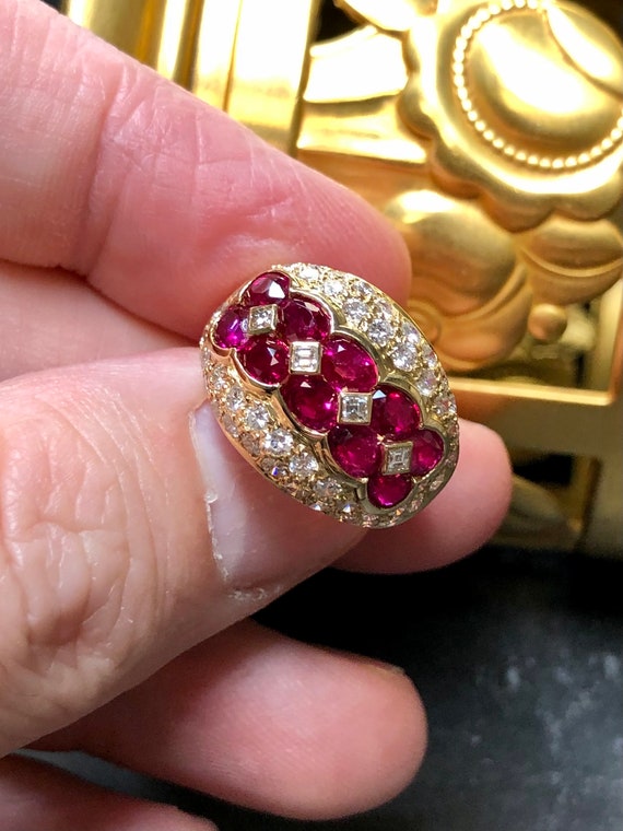 Estate 18K Yellow Gold Oval Ruby Pave Diamond Coc… - image 5