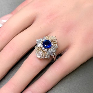 Estate Platinum 18K Ceylon Sapphire Baguette Marquise Diamond Cocktail Ring GIA zdjęcie 10