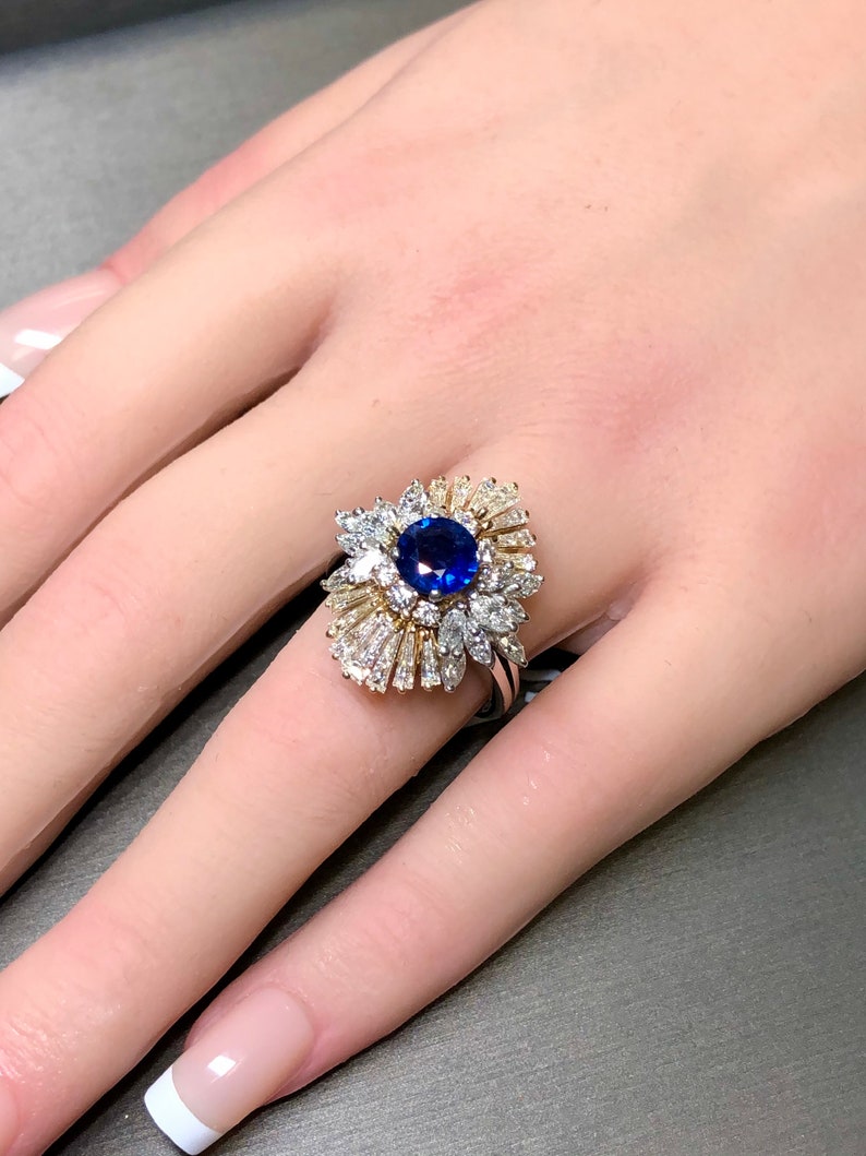 Estate Platinum 18K Ceylon Sapphire Baguette Marquise Diamond Cocktail Ring GIA zdjęcie 10