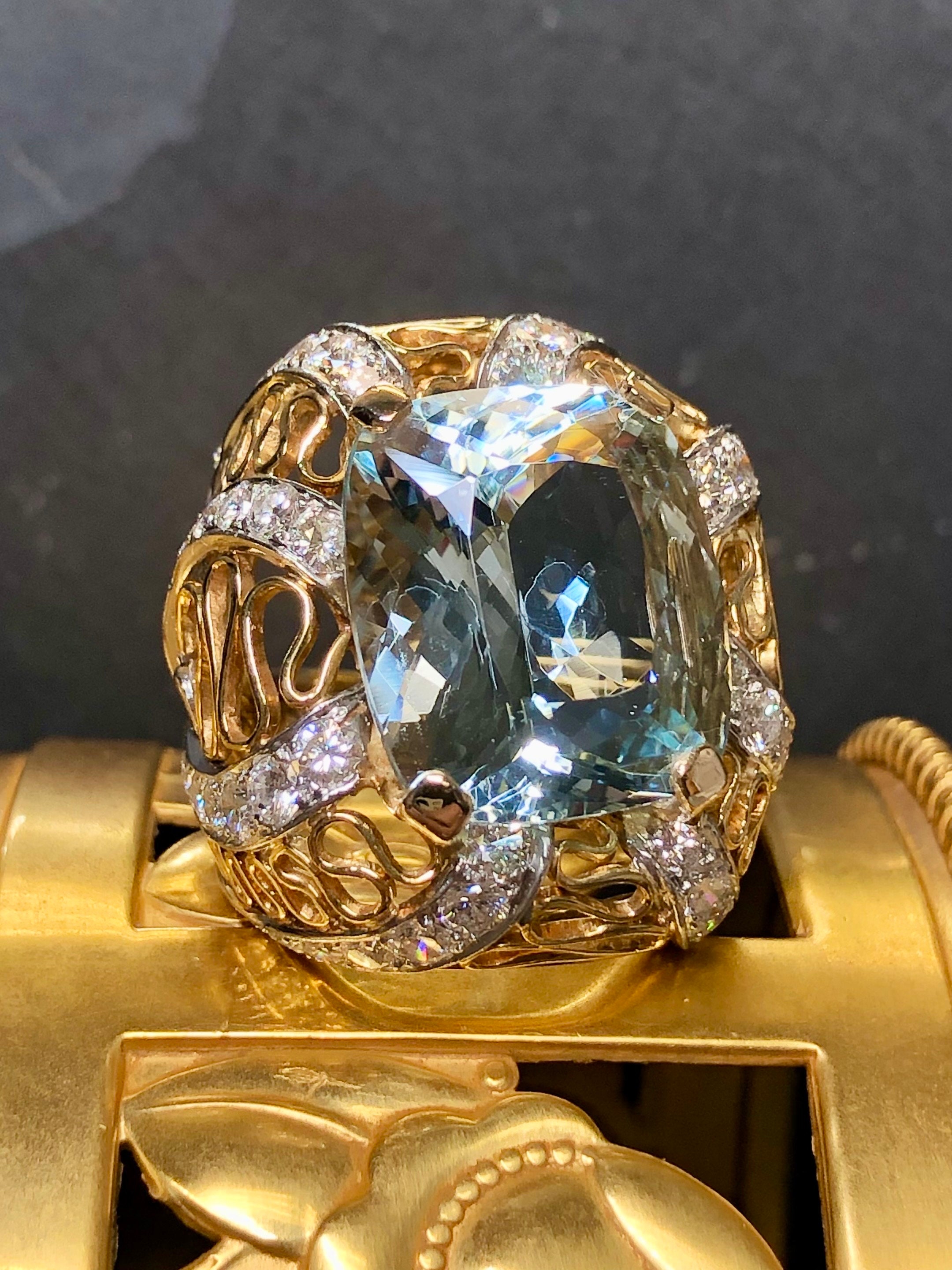 Vintage 18K Two Tone  Cushion Aquamarine Diamond Large Cocktail Ring 23.10cttw