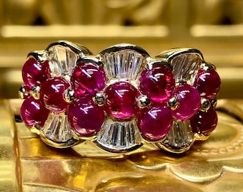 Estate 18K Yellow Gold Cabochon Ruby Baguette Diamond Cocktail Band Ring 5.44ctw