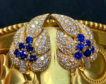 Estate AIMETTI 18K Baguette Round Diamond Sapphire Leaf Huggie Earrings 6.04ctw