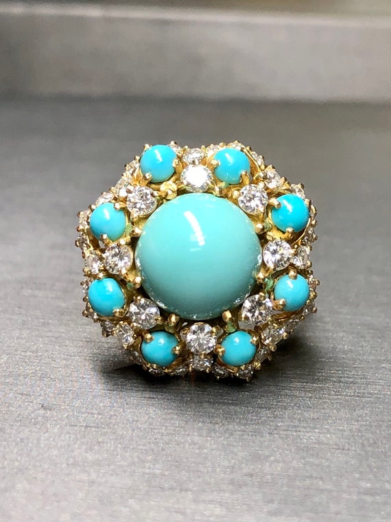 Vintage Octagonal 18K Cabochon Turquoise Diamond … - image 8