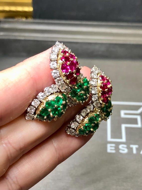 Platinum 18K Ruby Emerald Diamond Leaf Earrings - image 7