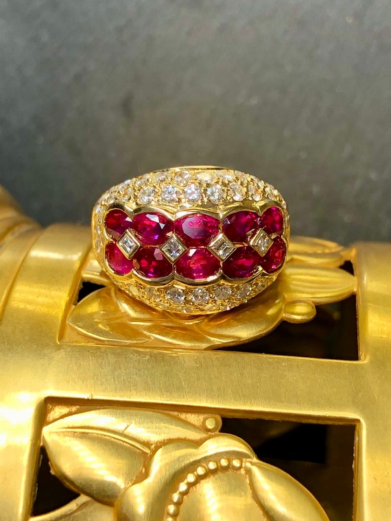 Estate 18K Yellow Gold Oval Ruby Pave Diamond Coc… - image 2